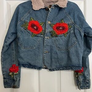 POL Blue Denim Jacket with Red Floral Embroidery
